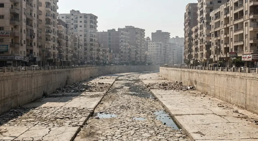 مجرى نهري محاط بالإسمنت شبه جاف مع وجود أبنية سكنية مكتظة على ضفافه في مدينة حديثة.