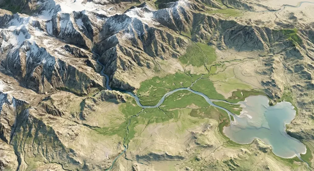 خريطة طبوغرافية ثلاثية الأبعاد توضح مسار نهر بردى من جبال الزبداني مروراً بدمشق وصولاً إلى بحيرة العتيبة.