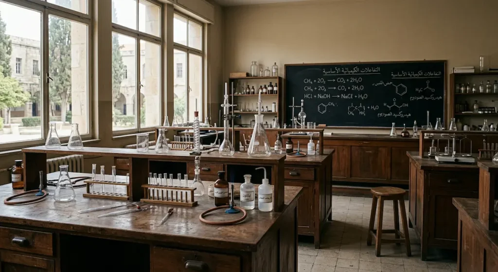 مختبر كيمياء جامعي في خمسينيات القرن العشرين يُظهر طاولات خشبية وأدوات مخبرية زجاجية وسبورة بمعادلات كيميائية