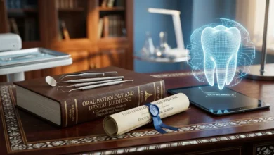 صورة تعبيرية أكاديمية لطب وجراحة الفم والأسنان، تعكس المسيرة السريرية الممتدة لـ 30 عاماً للدكتور السوري فادي الحلبي، خريج جامعة حماة والمراجع الطبي في موسوعة خلية