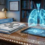 "صورة تعبيرية أكاديمية تمثل تخصص الأمراض التنفسية والصدرية، تعكس المسيرة المهنية للدكتور السوري أويس عبد الله، خريج جامعة حلب والاستشاري السابق في الأمم المتحدة."