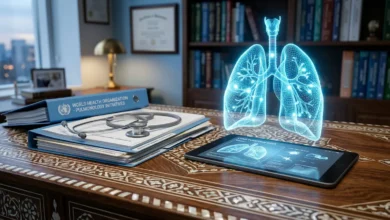 "صورة تعبيرية أكاديمية تمثل تخصص الأمراض التنفسية والصدرية، تعكس المسيرة المهنية للدكتور السوري أويس عبد الله، خريج جامعة حلب والاستشاري السابق في الأمم المتحدة."