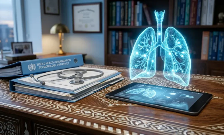 "صورة تعبيرية أكاديمية تمثل تخصص الأمراض التنفسية والصدرية، تعكس المسيرة المهنية للدكتور السوري أويس عبد الله، خريج جامعة حلب والاستشاري السابق في الأمم المتحدة."