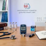 أدوات طبية وجهاز لقياس سكر الدم تعبر عن تخصص الغدد الصماء ومجال عمل الدكتور محمد الشامي