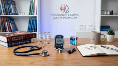 أدوات طبية وجهاز لقياس سكر الدم تعبر عن تخصص الغدد الصماء ومجال عمل الدكتور محمد الشامي