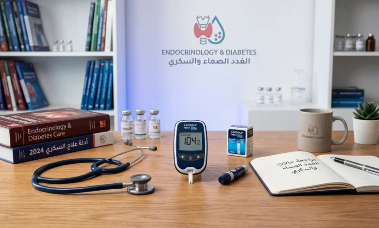 أدوات طبية وجهاز لقياس سكر الدم تعبر عن تخصص الغدد الصماء ومجال عمل الدكتور محمد الشامي