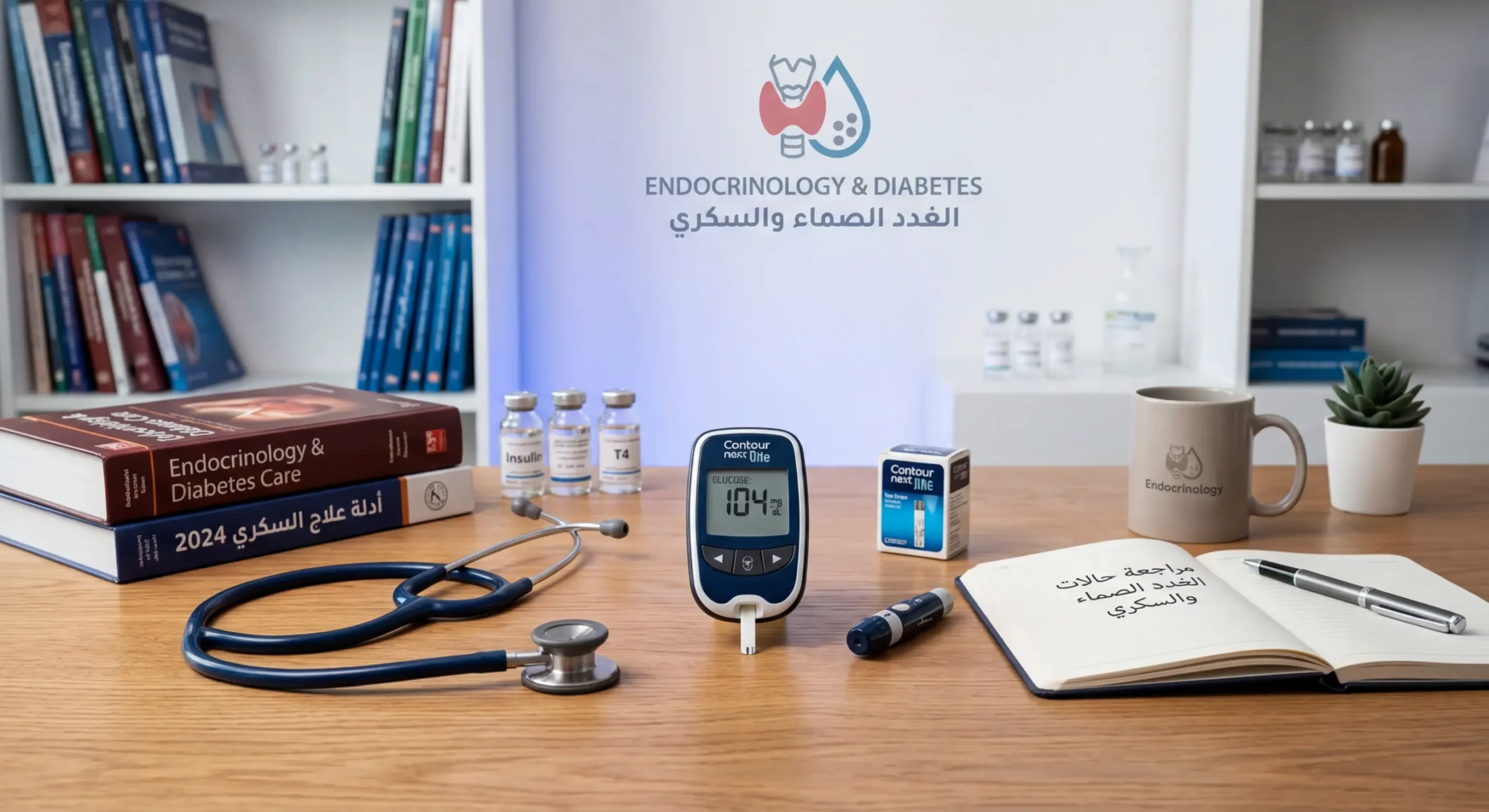 أدوات طبية وجهاز لقياس سكر الدم تعبر عن تخصص الغدد الصماء ومجال عمل الدكتور محمد الشامي