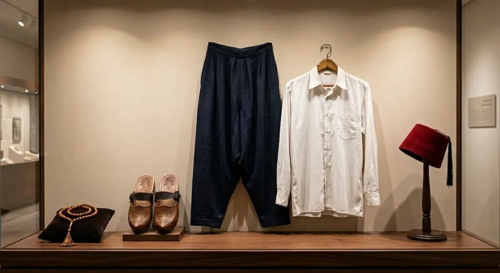 عناصر أزياء شخصية غوار الطوشة تشمل القبقاب الخشبي والطربوش والشروال والسبحة معروضة بأسلوب متحفي