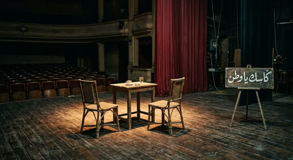 خشبة مسرح مجهّزة لمسرحية كاسك يا وطن تُظهر ديكور مقهى شعبي بسيط وإضاءة مسرحية دراماتيكية