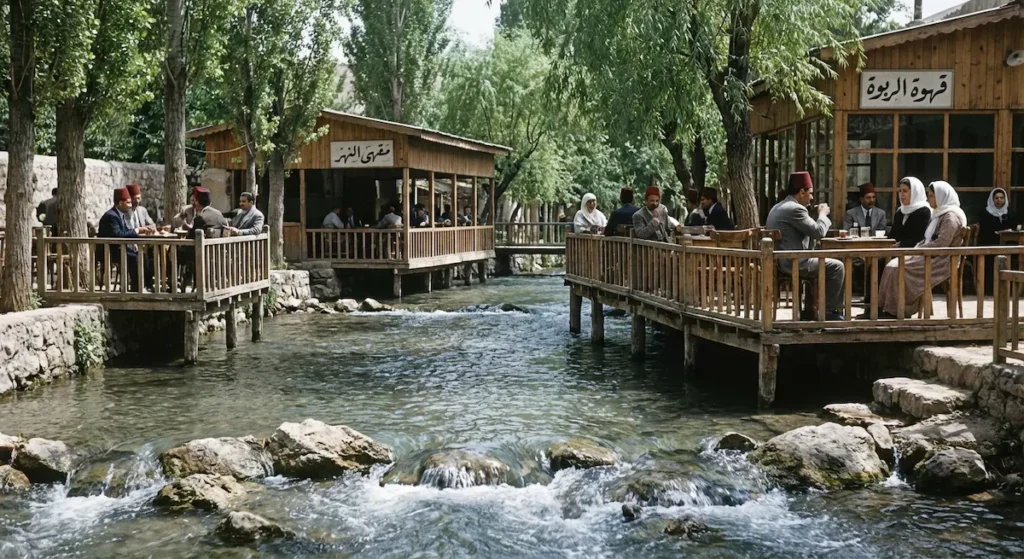 أشخاص يجلسون في مقاهي خشبية قديمة تحت أشجار الصفصاف على ضفة نهر بردى الصافي في دمشق عام 1950.