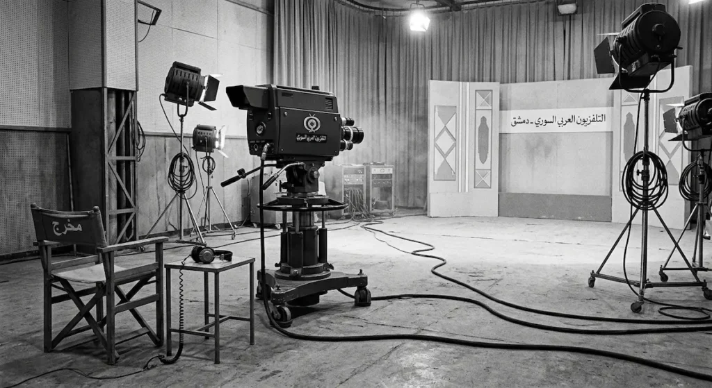 استوديو التلفزيون السوري في ستينيات القرن العشرين يُظهر كاميرا تلفزيونية قديمة وإضاءة استوديو وديكور بسيط