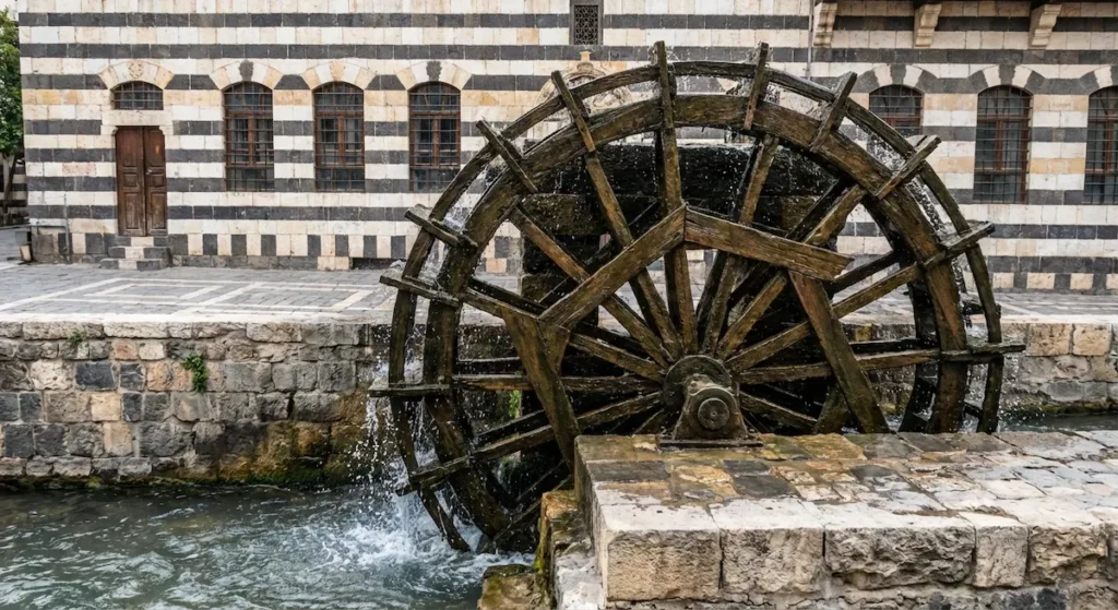  عجلة طاحونة خشبية قديمة تدور بفعل مياه نهر متدفق بجانب مبنى حجري دمشقي تقليدي.
