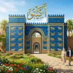 تصميم فني يجمع بين بوابة عشتار البابلية والربيع ومكتوب عليه كلمة أكيتو