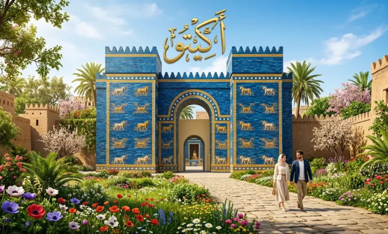 تصميم فني يجمع بين بوابة عشتار البابلية والربيع ومكتوب عليه كلمة أكيتو