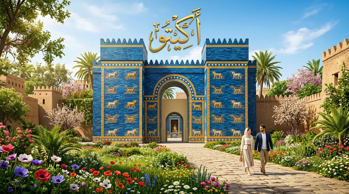 تصميم فني يجمع بين بوابة عشتار البابلية والربيع ومكتوب عليه كلمة أكيتو