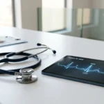 سماعة طبية حديثة وجهاز لوحي يعرض تخطيط نبضات القلب على مكتب نظيف، ترمز لتخصص الدكتور عصام عبد الحميد في أمراض القلب.