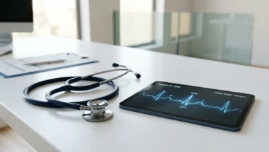 سماعة طبية حديثة وجهاز لوحي يعرض تخطيط نبضات القلب على مكتب نظيف، ترمز لتخصص الدكتور عصام عبد الحميد في أمراض القلب.