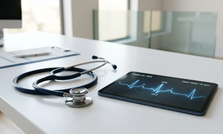 سماعة طبية حديثة وجهاز لوحي يعرض تخطيط نبضات القلب على مكتب نظيف، ترمز لتخصص الدكتور عصام عبد الحميد في أمراض القلب.