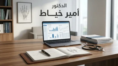 غلاف واقعي لمقالة عن الدكتور أمير خياط في بيئة طبية احترافية مع عنوان عربي واضح