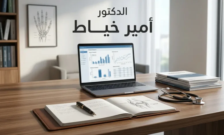 غلاف واقعي لمقالة عن الدكتور أمير خياط في بيئة طبية احترافية مع عنوان عربي واضح