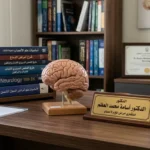 صورة تعبيرية لمكتب الدكتور أسامة محمد العظم اختصاصي طب الأعصاب تحتوي على مجسم للدماغ وأدوات طبية.