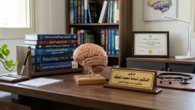 صورة تعبيرية لمكتب الدكتور أسامة محمد العظم اختصاصي طب الأعصاب تحتوي على مجسم للدماغ وأدوات طبية.