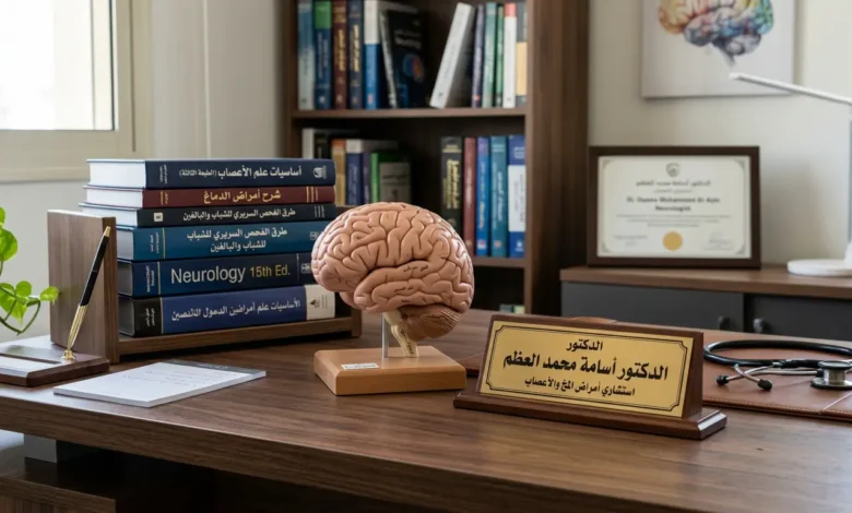 صورة تعبيرية لمكتب الدكتور أسامة محمد العظم اختصاصي طب الأعصاب تحتوي على مجسم للدماغ وأدوات طبية.