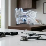 أدوات فحص الأنف والأذن والحنجرة مع نموذج تشريحي ثلاثي الأبعاد للأذن وتجويف الأنف داخل بيئة طبية حديثة