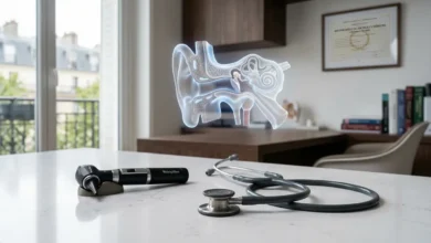 أدوات فحص الأنف والأذن والحنجرة مع نموذج تشريحي ثلاثي الأبعاد للأذن وتجويف الأنف داخل بيئة طبية حديثة