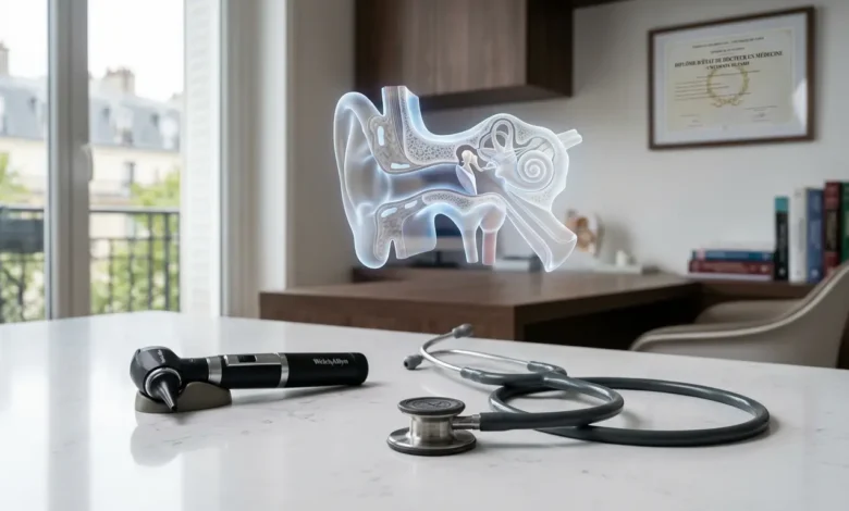 أدوات فحص الأنف والأذن والحنجرة مع نموذج تشريحي ثلاثي الأبعاد للأذن وتجويف الأنف داخل بيئة طبية حديثة