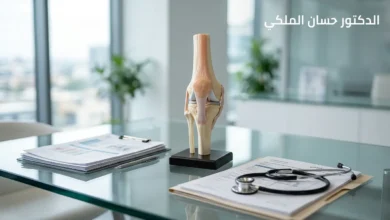 صورة احترافية لمعدات طب العظام والمفاصل مع اسم الدكتور حسان الملكي.