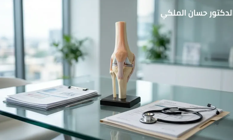صورة احترافية لمعدات طب العظام والمفاصل مع اسم الدكتور حسان الملكي.