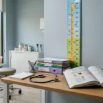مكتب طبيب أطفال داخل عيادة حديثة يضم سماعة طبية وكتاباً طبياً ومخطط نمو للأطفال
