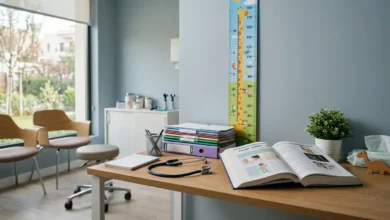 مكتب طبيب أطفال داخل عيادة حديثة يضم سماعة طبية وكتاباً طبياً ومخطط نمو للأطفال