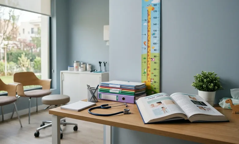 مكتب طبيب أطفال داخل عيادة حديثة يضم سماعة طبية وكتاباً طبياً ومخطط نمو للأطفال