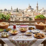 صورة واسعة لسفرة فطور شامي غنية بالأطباق المتنوعة مثل الحمص والفول والأجبان والزيتون، مع كلمة "الفطور الشامي" في المنتصف