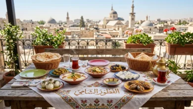 صورة واسعة لسفرة فطور شامي غنية بالأطباق المتنوعة مثل الحمص والفول والأجبان والزيتون، مع كلمة "الفطور الشامي" في المنتصف