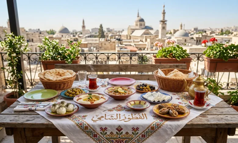 صورة واسعة لسفرة فطور شامي غنية بالأطباق المتنوعة مثل الحمص والفول والأجبان والزيتون، مع كلمة "الفطور الشامي" في المنتصف