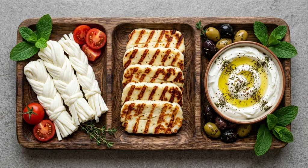 طبق خشبي يعرض اللبنة بزيت الزيتون، وجبنة الحلوم المشوية، والجبنة المشللة السورية المجدولة
