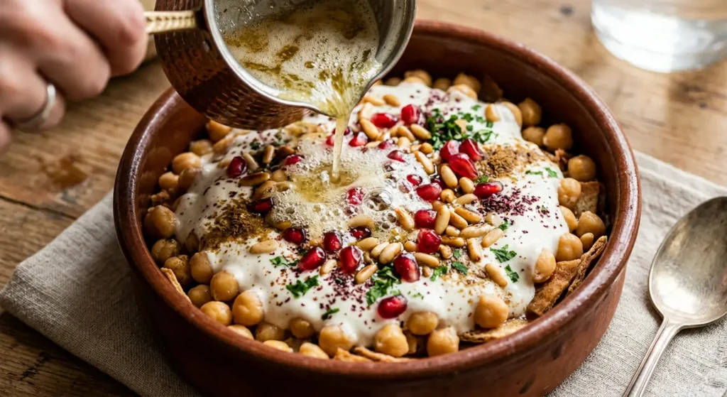 صورة مقربة لطبق فتة حمص شامية يتم سكب السمنة المذابة الساخنة عليه، ومزين بالصنوبر والرمان