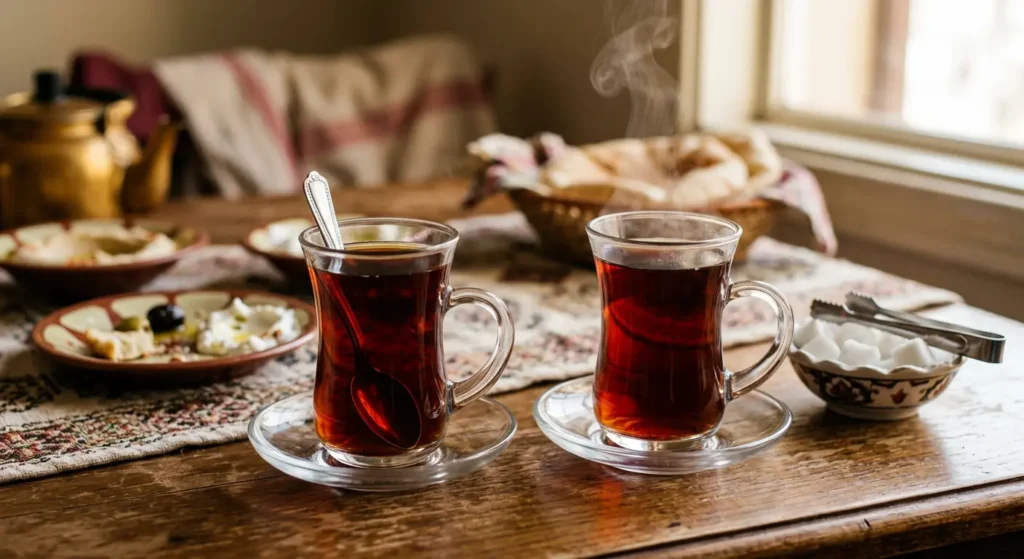 كوبان زجاجيان من الشاي السوري "الخمير" الداكن، مع تصاعد البخار من أحدهما