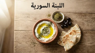 صحن فخاري يحتوي على لبنة سورية بيضاء مغطاة بزيت الزيتون والنعناع المجفف على مائدة فطور سورية تقليدية مع خبز عربي وزعتر وزيتون أسود