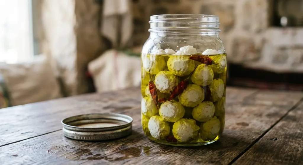 قطرميز زجاجي شفاف يحتوي على كرات لبنة مدعبلة بيضاء مغمورة في زيت زيتون ذهبي مع حبات فلفل أحمر مجفف