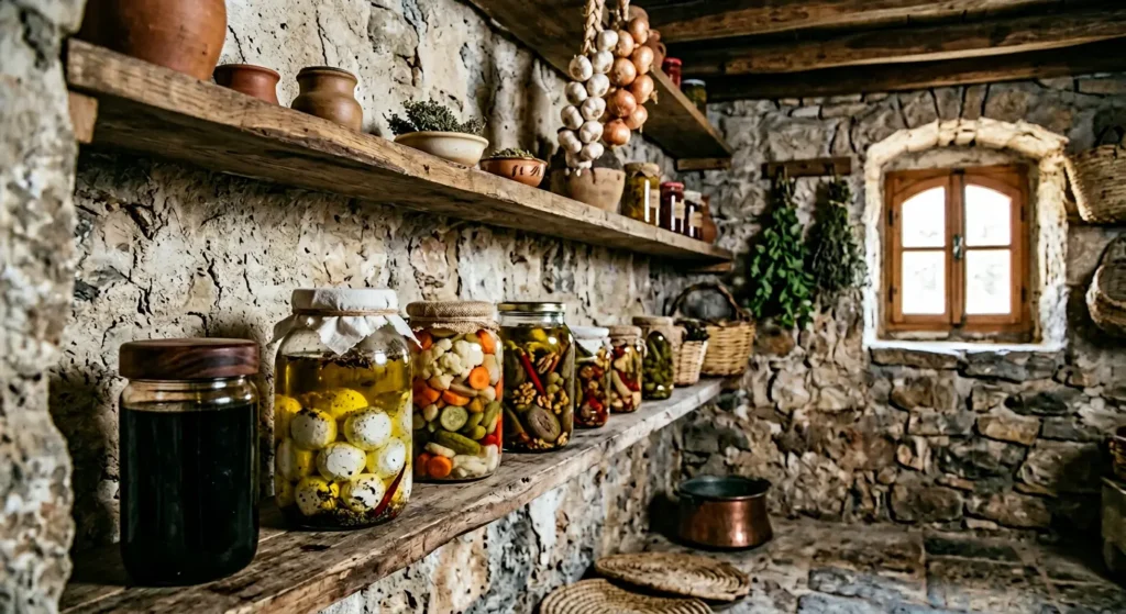 غرفة مونة تقليدية في بيت ريفي سوري بجدران حجرية ورفوف خشبية عليها قطرميزات لبنة مدعبلة بزيت الزيتون ومكدوس ودبس ومخللات