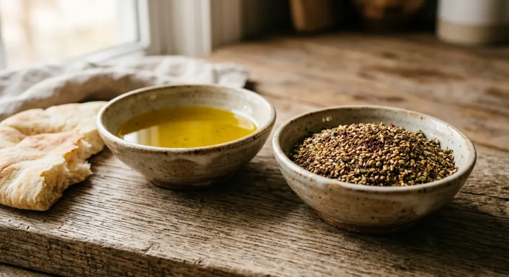 صحنان فخاريان يحتويان على الزيت والزعتر، وبجانبه قطعة خبز سوري طازج