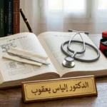كتاب موسوعي وأدوات جراحية تمثل تخصص الدكتور إلياس يعقوب في الجراحة العامة وطب الطوارئ