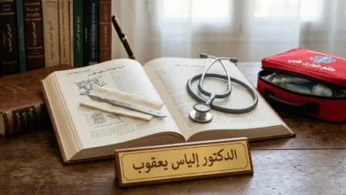 كتاب موسوعي وأدوات جراحية تمثل تخصص الدكتور إلياس يعقوب في الجراحة العامة وطب الطوارئ
