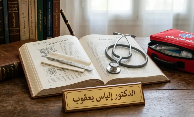 كتاب موسوعي وأدوات جراحية تمثل تخصص الدكتور إلياس يعقوب في الجراحة العامة وطب الطوارئ