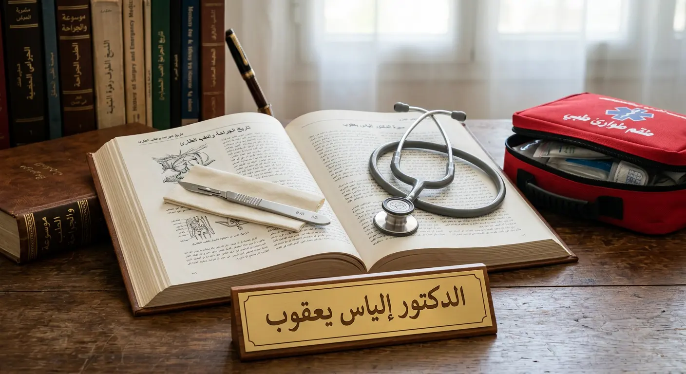 كتاب موسوعي وأدوات جراحية تمثل تخصص الدكتور إلياس يعقوب في الجراحة العامة وطب الطوارئ