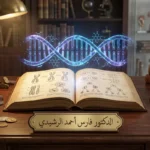 تصميم توضيحي موسوعي يرمز لمجال الطبيب السوري الدكتور فارس أحمد الرشيدي في الوراثة